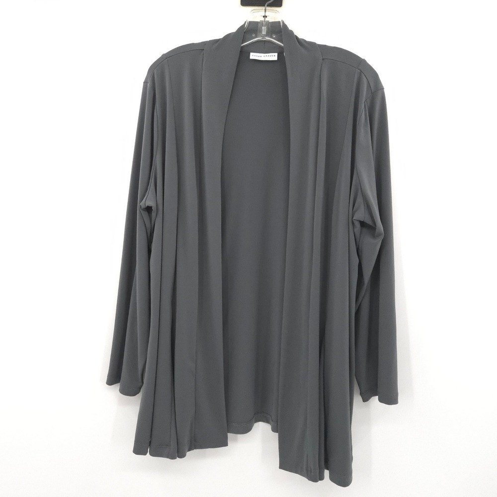 Susan Graver Liquid Knit Cardigan Women 1X Gray Open Front Draped Long Sleeve